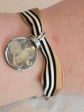 Striped Tan and Black Ribbon Bracelet with Silver 925 "L" Charm